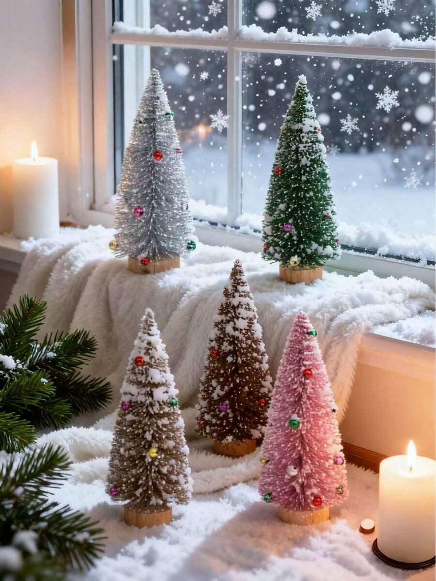 1 件迷你圣诞树装饰品人造圣诞树桌面瓶刷树小树带雪花和彩色珠子适合室内室外家居村冬季节日装饰 - 彩色 - 查看 1