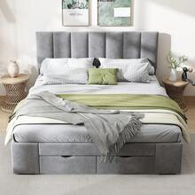 Upholstered Bed 140 X 200 Cm In Velvet, With Slatted Base, With Backrest, With 4 Drawers, Grey - Grey - View 2