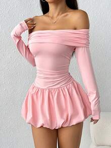 Vestido largo con hombros descubiertos y detalles plisados - Rosa - Ver 6