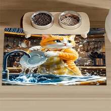 1pc Pet Feeding Mat With Printed Cat Washing Dishes Pattern, Quick Drying Pet Bowl Mat, Easy To Clean, Suitable For Pets, Dogs, Cats, All Seasons, Pet Cage Mat - Multicolor - View 14