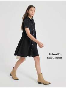 EXARUS Girls' Denim Dress: Aquatic Solid Color Long/Sleeve Midi Dress With Button-Closure Shirt-Style Design. Suitable For Spring And Autumn. Suitable For Ages 8-14. - Đen-29 - Xem 5