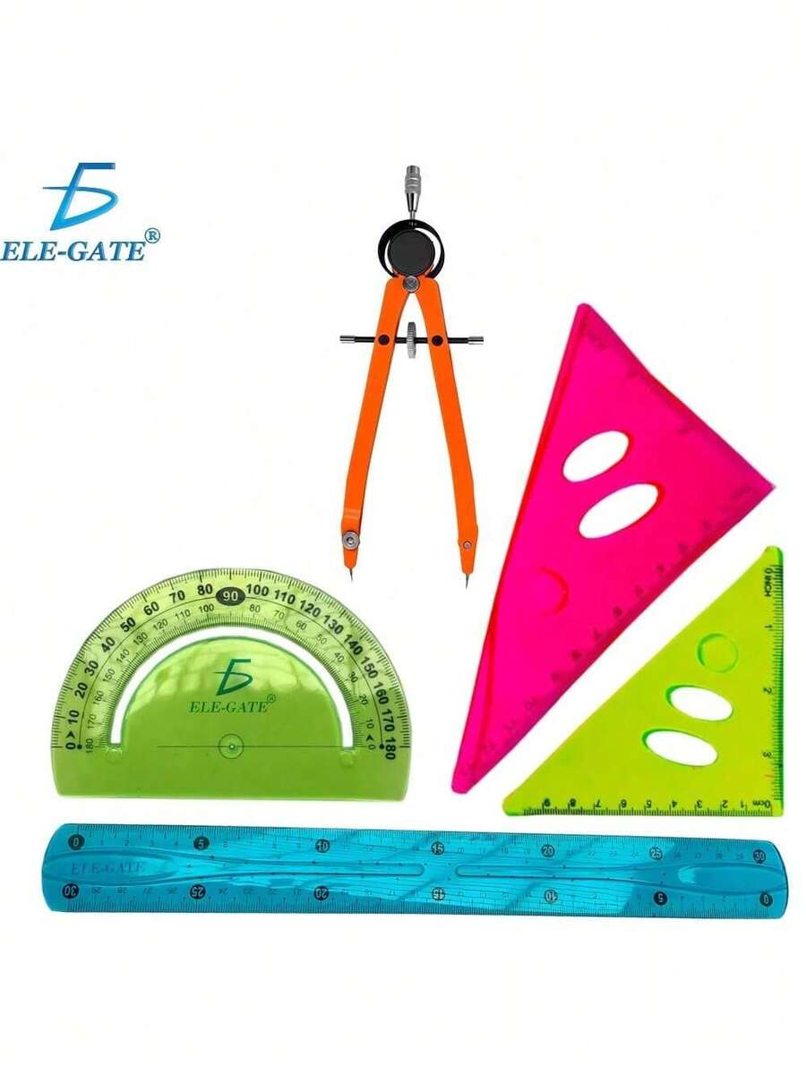 ELE-GATE Juego de Geometría con Compas, Escuadras y Regla Super Flexibles - Multicolor - Ver 1