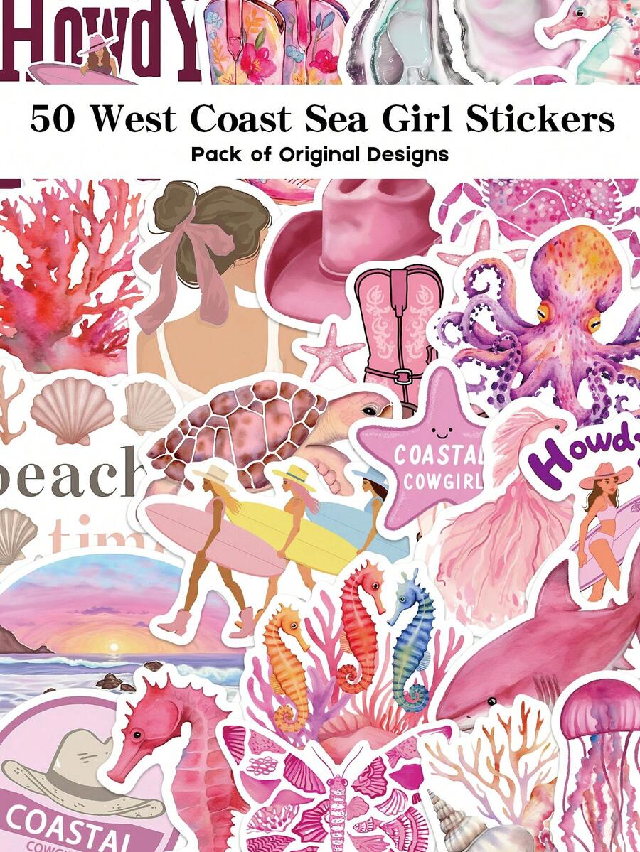 YWWBLD 50 Stücke West Coast Meermädchen Aufkleber PVC Geschenk Cartoon Dekoration Sammelalbum Laptop Gepäck Gitarre Wasserglas Handyhülle DIY Aufkleber
