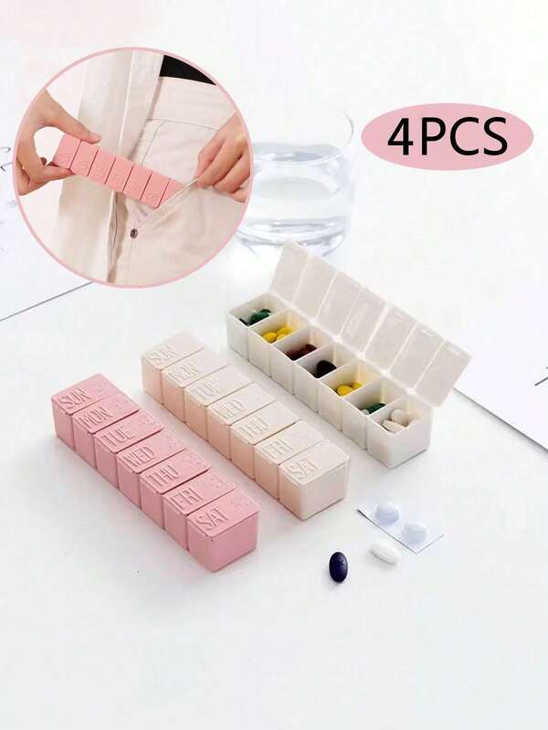 4/2 piezas Organizador de pastillas portátil y mini, Estuche de pastillas con letras transparentes, Caja de medicina semanal de color aleatorio y lindo para viajes, Caja de pastillas con compartimentos separados, Regalo ideal para seres queridos, Adecuado para viajes, al aire libre, dormitorio