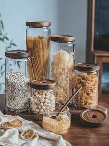 1pc Glass Jar With Wooden Lid & Airtight Seal, Transparent Storage Container For Candy, Food, Spices, Salt, Sugar, Coffee, Tea - Round Hole Acacia Wood Cover - View 4