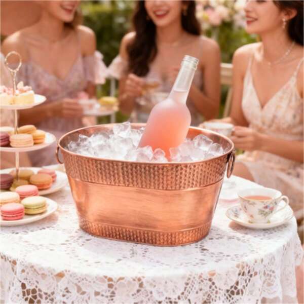 1 pieza Cubo de hielo de color cobre, hecho de material metálico con apariencia de cobre y textura premium. Se puede usar para enfriar bebidas para fiestas, diseño de gran capacidad que se adapta a múltiples botellas, se puede usar con cubitos de hielo para mantener las bebidas frías, agregando una atmósfera refrescante a las reuniones, un artículo práctico y llamativo para fiestas.