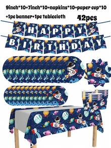 80/60/42/2/Set, Cartoon Astronaut Themed Party Supplies, Disposable Party Plates, Party Paper Plates. Includes 7-Inch Plates, 9-Inch Plates, Paper Cups, And Tissue Sets. Suitable For 16 People, Picnic Supplies, Birthday Parties, Camping, Decoration, And Celebration Events. Party Gifts, Bridal Gifts Party, Restaurant Decoration, Kitchenware, Party, Astronaut, Rocket, Space, Planet, Happy Birthday - Multicolor - View 8