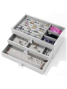 1 Caja de almacenamiento de joyas de 3 capas y 18 rejillas de acrílico, adecuada para aretes, anillos, collares y pulseras de uso diario de las mujeres. Caja de almacenamiento de 3 capas y 72 rejillas con estilo de cajón, desmontable y de gran capacidad para decoración de uñas y diamantes