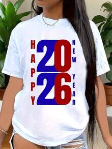 Happy New Year 2026 T-Shirt For Women And Men - Bold Red And Blue Design, Festive 2026 Celebration Shirt, Perfect Gift For New Year's Eve Party, Casual Wear For Holiday Season,220g - 白色 - 查看 1