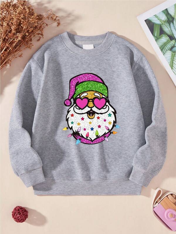 Young Girl Santa Claus Print Crew Neck Sweatshirt