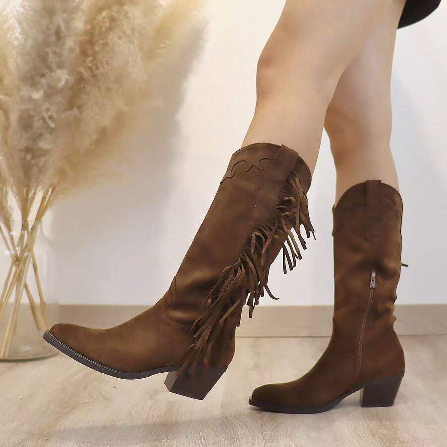 Tall Cowboy Boots With Fringes, Ideal For Festivals, Concerts, Casual Outings, And Themed Events. - 駝色 - 查看 1