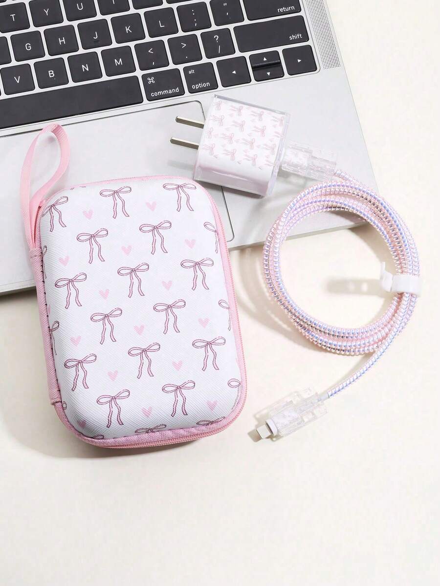 6 Pieces Bow Line Cable Organizer Set, Data Cable Protective Sleeve + Organizer Pouch, Mobile Phone Data Cable Protector, Cord Winder Fixer Anti-Breaking Cable Charger Head Protector - Multicolor - View 1