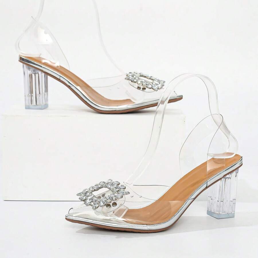 Fashionable Women's Pointed Toe Block Heel Sandals - Transparent Ankle Strap, Rhinestone Buckle, Faux Overlay Fabric And Rubber Sole, Perfect For Summer Parties And Events, High Heel Sandals - 銀色 - 查看 1
