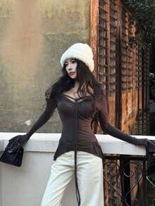 女士纯色针织扭结系带T恤上衣，休闲家居服 - 深灰色 - 查看 4