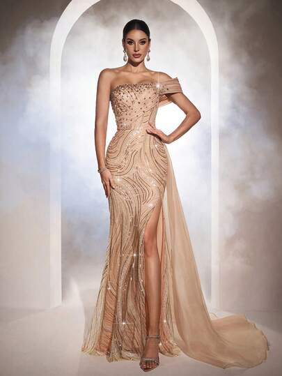 Astony One 闪亮亮片装饰无肩带香槟色晚礼服，镶钻紧身性感美人鱼连衣裙，高开衩带拖尾，完美适用于新年庆祝、订婚、红毯活动和奢华晚宴。