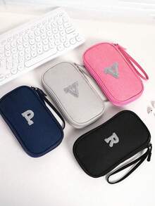 1个DIY个性化数据线收纳袋，26字母图案便携式旅行电子产品整理袋，适用于硬盘、移动电源、耳机、充电器、手机壳、无线耳塞、蓝牙耳机、耳麦等，商务旅行必备 - 彩色 - 查看 9