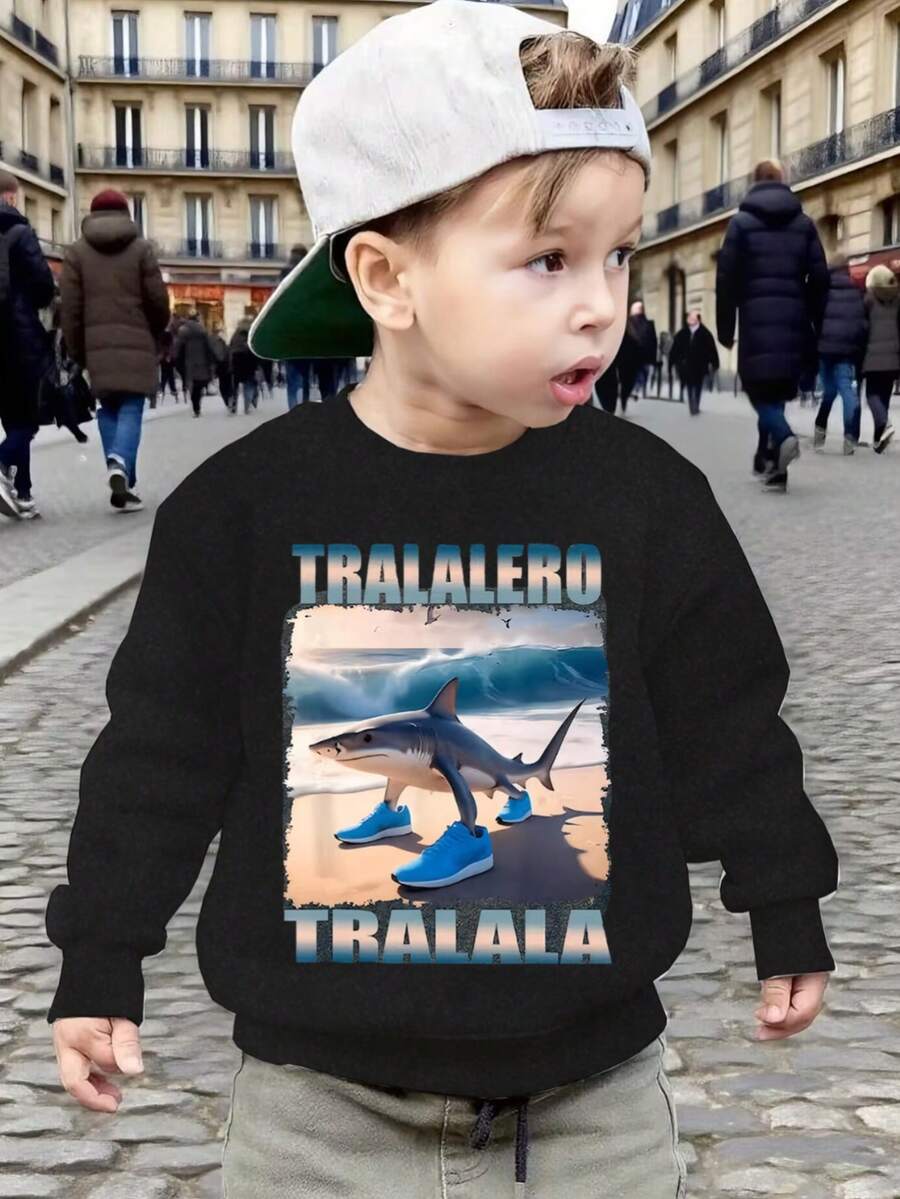KID004Novelty Cartoon Animal Beach Shark Crew Neck Pullover Sweatshirt for Kids, Casual Funny Fashion O-Necker Streetwear Autumn Winter Cheap Children's Clothing, Autumn Winter Outfit, Playful Kids Fashion, Funny Graphic, Shark Design, Hand Washable, Comfortable Material, Casual Sweater, Graphic Sweatshirt, Children's Apparel, Young Kids - Negro - Ver 1