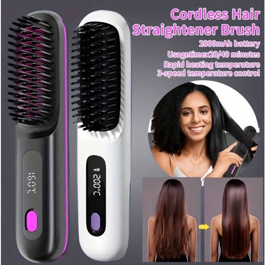 2025 Hair Straightener - Cordless Comb With Negative Ions, 4000mAh Fast Heating And Portable Travel Design, A Great Home Item, Rechargeable Hair Straightener And Curling Brush - 黑色 - 查看 1