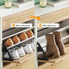 Versteckter Rattan-Schuhschrank mit 2 Klapptüren und 1 Schublade – schmaler Schuhschrank für den Eingangsbereich, freistehender Organizer mit verstellbarem Regal für Flur, Wohnzimmer, Eingangsbereich | stilvolles, platzsparendes Design