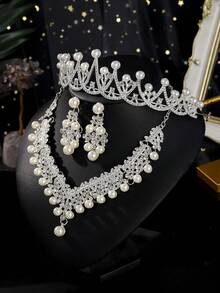 1set Elegant Rhinestone Tiaras Crown For Women Queen Crown Jewelry Set Necklace Earring Princess Wedding Birthday Prom Pageant Party Ceremony Photo Props