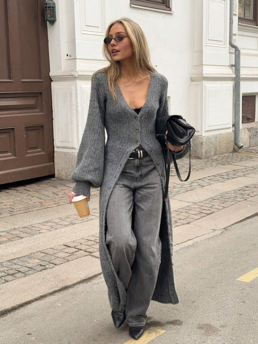 Cardigan lungo con scollo a V profondo, maniche a lanterna e apertura frontale, in tinta unita, per donna, casual e adatto per l'uso quotidiano, in maglia, per autunno/inverno