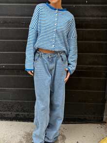 Womens Striped Cardigan Sweater Casual Crew Neck Open Front Button Down Long Sleeve Knit Sweaters Fall Outerwear - 藍色 - 查看 6