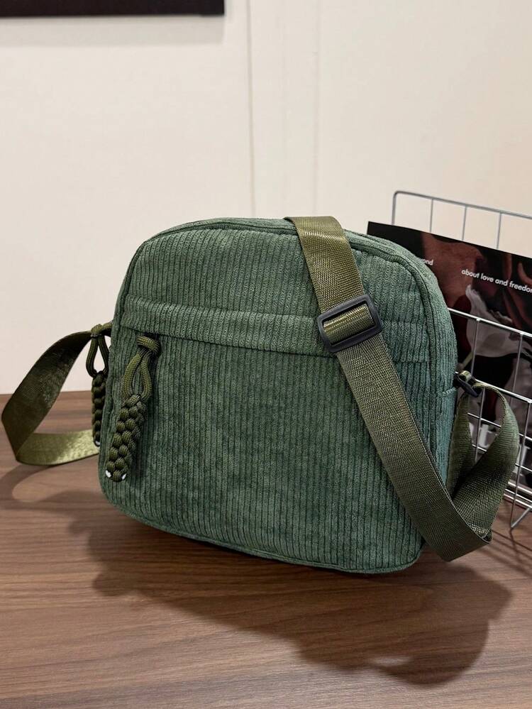 1 pieza Bolso de hombro de moda informal de niña joven de pana con cierre de cremallera, adecuado para uso diario - Bolso de pana - Añade 13