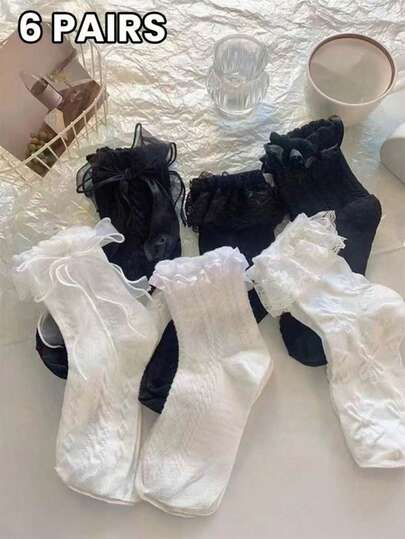 6 Pairs Women's Simple White Bow Lace Trim Socks, Thin Crew Socks, Sweet Japanese Style For Summer