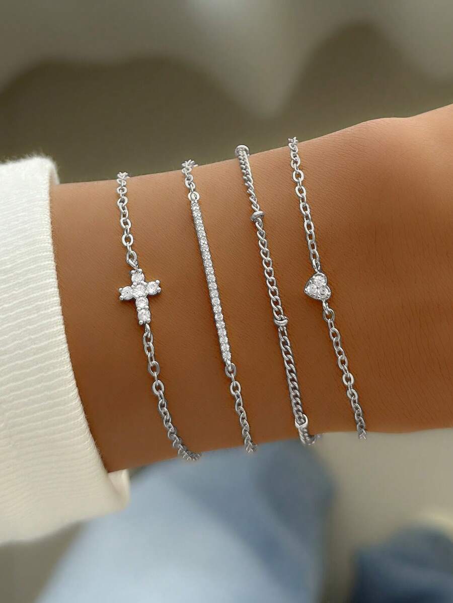 4pcs Fashionable Cubic Zirconia Cross & Heart Decor Multi-Layer Bracelet Set, Women Birthday Party Jewelry Gift (Bead Quantity Random) - Silver - View 1