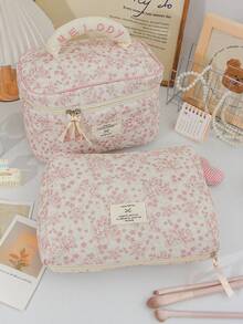Pink Flower Pattern Cosmetics Storage Bag Soft Corduroy Makeup Bag Set Foam Quilted Home Items Storage Bag Large Capacity Travel Cosmetics Bag Set Retro Floral Print Makeup Handbag Portable Handheld Toiletry Bag Vintage Style Skincare Storage Bag Practical Makeup Brushes Organizer Bag - Pink - View 12