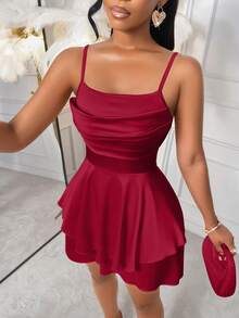 Elegant Women's Solid Color Spaghetti Strap Ruffle Hem Short Dress