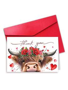 1pc Highland Cow Valentine's Day Thank You Card With Envelope, Cute Scottish Cow Design, Blank Greeting Card For Anniversaries, Weddings & Friendship, Valentine's Gift For Partner, Him, Her And Cow Lovers