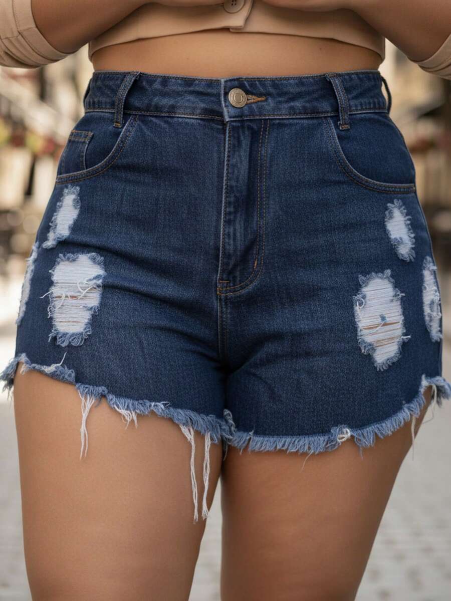 Plus Size Denim Shorts - 藍色 - 查看 1
