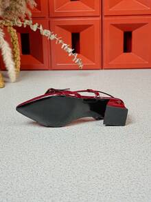 Dép lê Mule mũi nhọn kiểu Pháp thanh lịch mới, quai da sơn mài màu nâu đỏ, gót dày, dép sandal xỏ ngón gợi cảm đa năng cho tiệc tùng - Màu đỏ - Xem 4