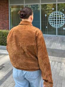 TRAFZA 女士常规款仿麂皮拉链宽松休闲外套，春季 - 卡其色 - 查看 4