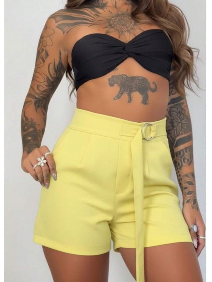 Women's Tailored Shorts With Ties - Yellow - View 1