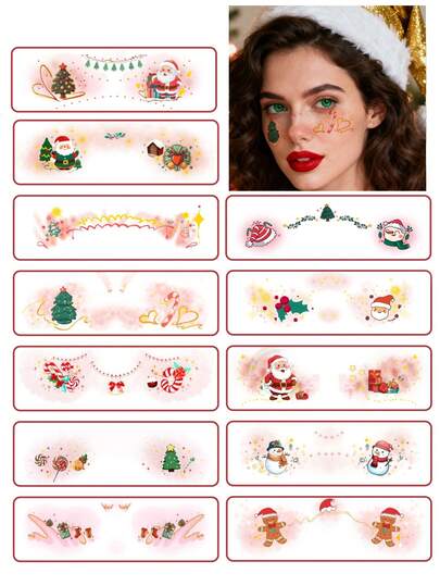 （12 件套）色彩缤纷、可爱的圣诞临时面部纹身，包括彩虹色、圣诞老人、驯鹿、雪橇、长袜、植物、铃铛、礼物、雪花，适合女孩甜美可爱，也适合作为送给朋友的圣诞礼物