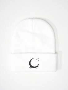 1pc Embroidered Moon Pattern Knit Beanie, Outdoor Cold-Proof Casual Versatile Winter Warm Hat Suitable For Daily Commute Accessories For Winter Mens Winter Clothing