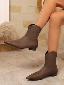 1 paire de bottes mi-mollet zippées sur le côté, de couleur unie, pour le travail et les déplacements. Bottes cheville, style bureau, pour l'automne/hiver, style américain. Bottes Chelsea à talon bas et bout pointu pour femmes - Tabac - Voir 5