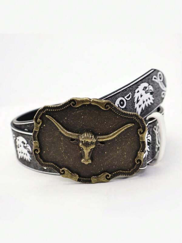 1pc Vintage Bohemian Style White Textured Embossed Eagle Pattern Leather Belt For Men, Antique Bronze Bull Head Decor Buckle,Casual Pants, Jackets, Suitable For Daily Wear, Themed Parties, Holidays, Weddings, Formal Events, Gatherings, Dates, Autumn/Winter, Men's Streetwear, Can Be A Gift Old Money Vintage Autumn/Fall Urban Outfit Classic Christmas Winter Fashion Daily Men Boyfriend Gift