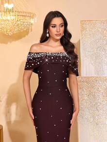 全新优雅仿珍珠水钻装饰露肩露背无袖紧身超长绷带连衣裙，女士正式晚礼服，适合正式场合、生日派对、舞会、复活节 - 棕色 - 查看 8