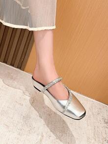 Women's Rhinestone Embellished T-Strap Flat Shoes, Versatile & Commuter-Friendly With Hidden Wedge Heel - Silver - View 6