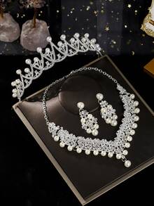 1set Elegant Rhinestone Tiaras Crown For Women Queen Crown Jewelry Set Necklace Earring Princess Wedding Birthday Prom Pageant Party Ceremony Photo Props