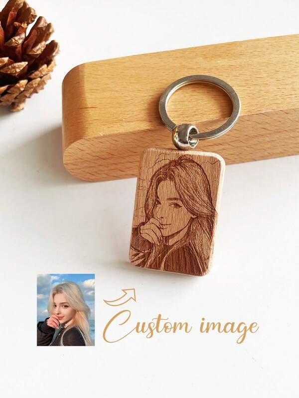 1pc Customized Photo Engraved Wooden Keychain, Pendant, Creative Small Item, Bag Charm, Wooden Tag, Keyring, DIY Accessory, School Backpack, Car Accessories, Cute Gift For Teachers, Christmas, Friends, Coworkers, Family, Boyfriend/Girlfriend