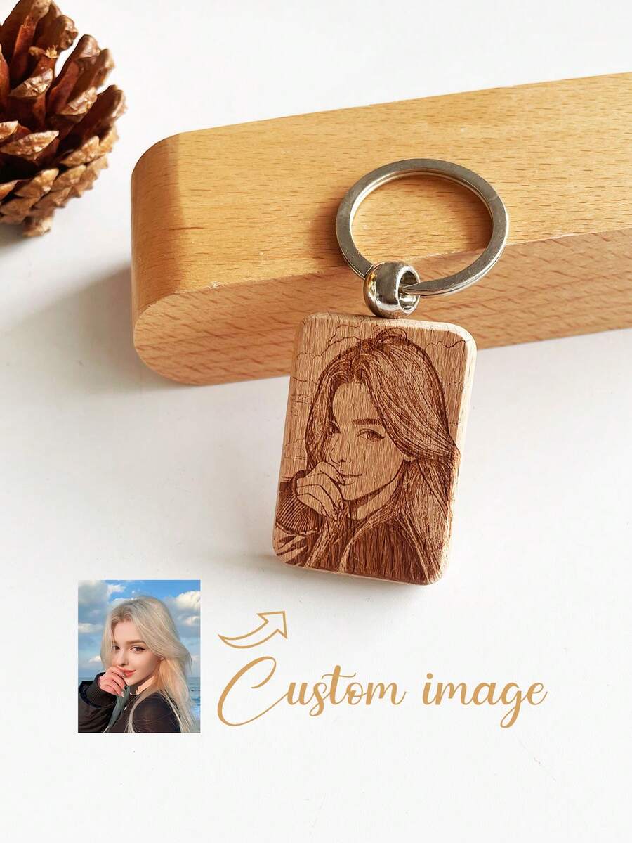 1pc Customized Photo Engraved Wooden Keychain, Pendant, Creative Small Item, Bag Charm, Wooden Tag, Keyring, DIY Accessory, School Backpack, Car Accessories, Cute Gift For Teachers, Christmas, Friends, Coworkers, Family, Boyfriend/Girlfriend