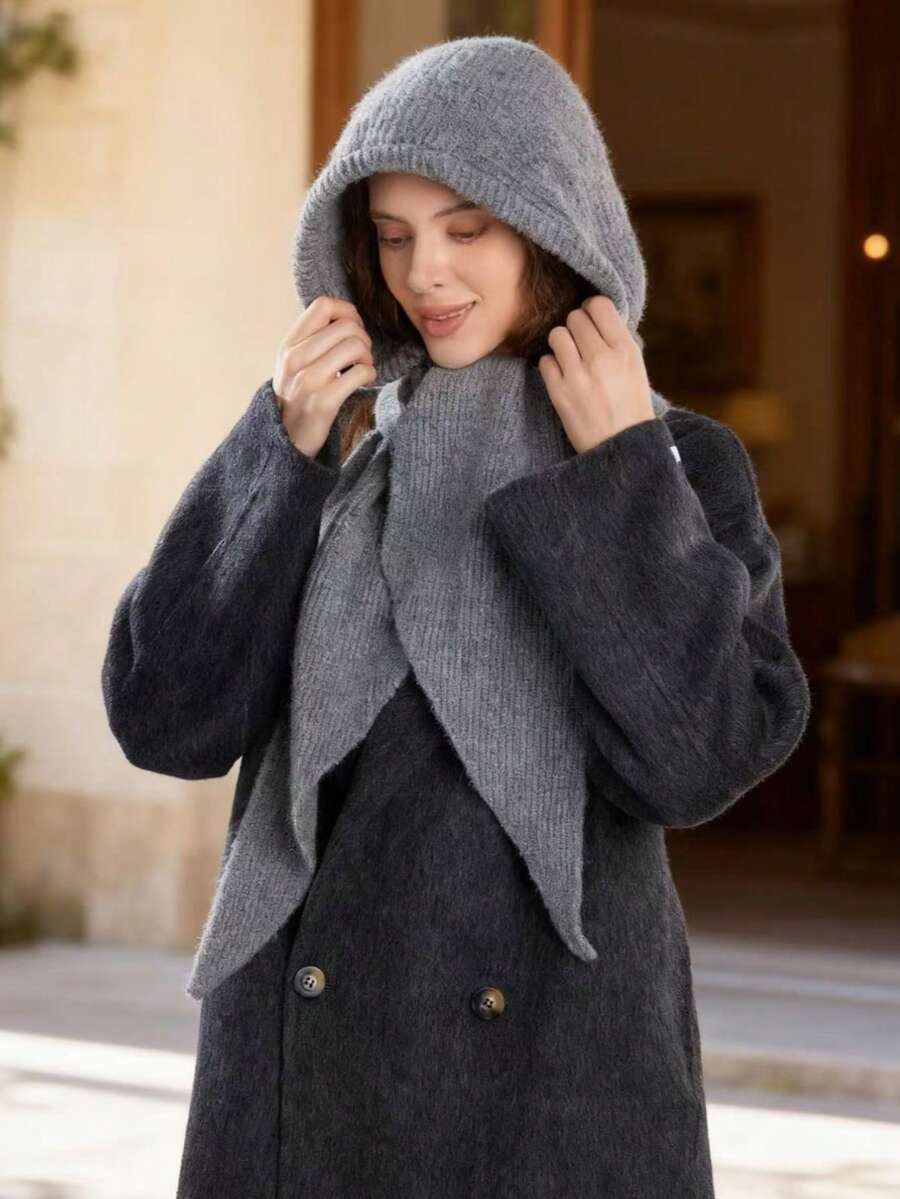 女士羊毛连帽围巾，大号披肩拉法帽，针织围巾高领保暖围脖，适合冬季日常佩戴 - 多色 - 查看 1