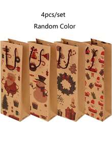 4pcs Christmas Wine Bottle Gift Bags With Handles - Cartoon Santa Claus & Snowman & Wreath Design, Festive Kraft Paper Wine Pouches For Holiday Parties, Celebrations & New Years Presents - Multicolor - View 7