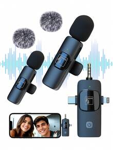 3 In 1 Wireless Lavalier Microphone For Phone/IOS/IPad/Android/PC/Phone, With Noise Reduction, Plug & Play, 2 Pack Lavalier Microphone For Video Recording, Teaching, Interviews, Podcast And Vlog - Black - View 2