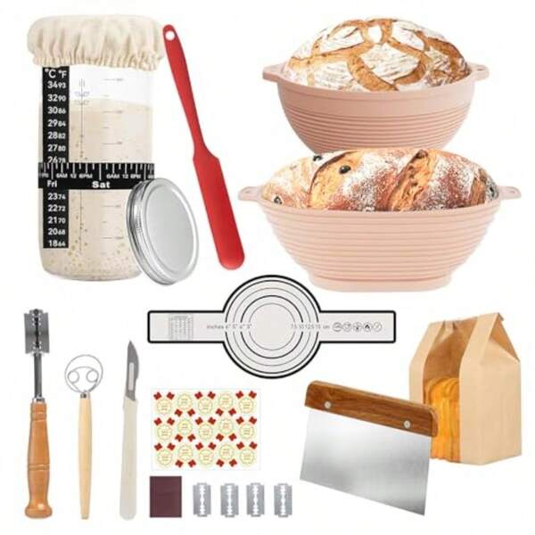 Sourdough Starter Kit 24 Pack Sourdough Bread Baking Supplies Silicone Banneton Bread Proofing Basket Set Of 2 Dough Whisk Scoring Tool Metal Scraper Silicone Scraper Premium Baking Tools