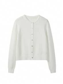 FOR BEAUTY 女士圆领扭结纽扣长袖针织开衫，休闲宽松舒适白色毛衣外套，新年上衣 - 白色 - 查看 7